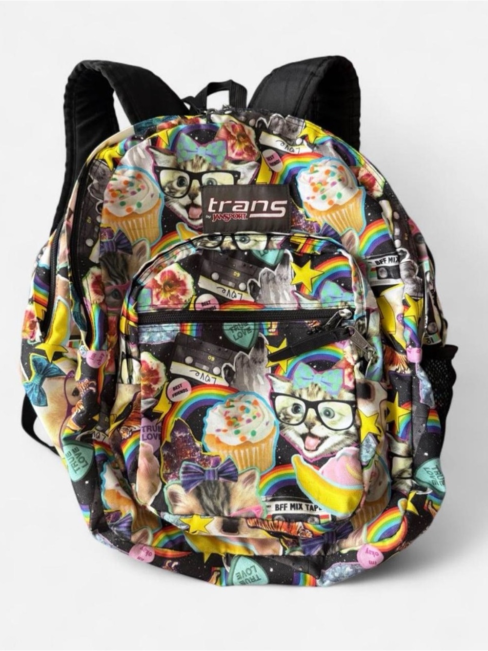 Vintage 2014 Jansport “True Love” Rainbow Cat Puppy & Cupcake Print Backpack